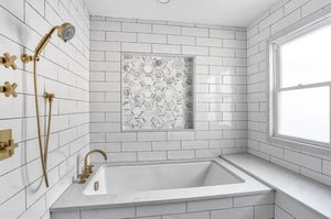 Marble hex patterned tile niche over bath tub