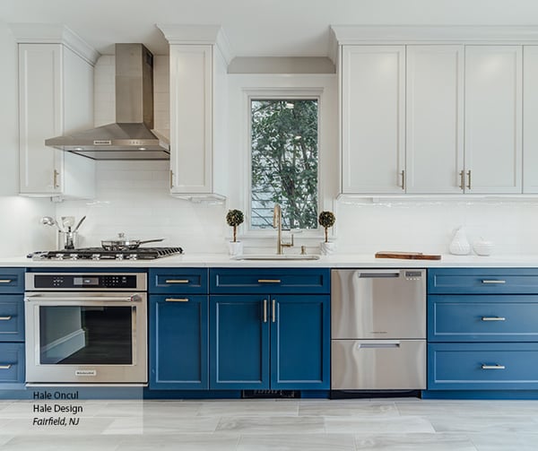 Omega Cabinetry, White Uppers and Blue Lower cabinets