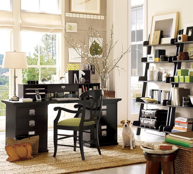 home office balck funiture large windows- houzz