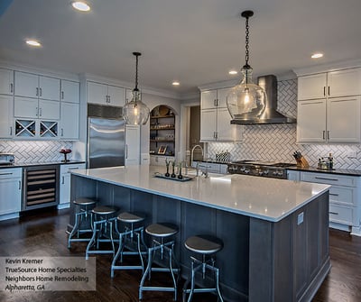 Kemper Cabinets- gray accent island with White cabinets